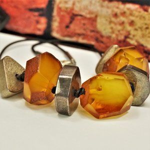 HUGE BUTTERSCOTCH RAW AMBER and STERLING BEADS NECKLACE